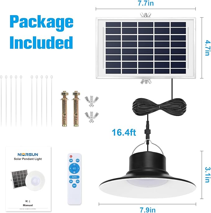 NIORSUN Solar Lights Outdoor LED Solar Pendant Light 3000K|4000K|5000K| Dimmable Lighting with Remote Control 16.4ft Cable IP66 Waterproof for Patio Garage Camp Chicken Coop Shed Barn
