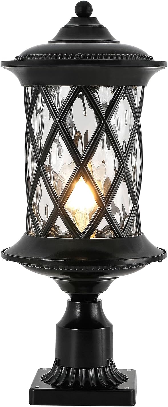 Industrial Exterior Lamp Post Lighting Fixture Waterproof Post Light Outdoor with 3-Inch Pier Mount Base Water Glass Lampshade 60W E26 Retro Outdoor Pillar Light for Yard Porch Patio