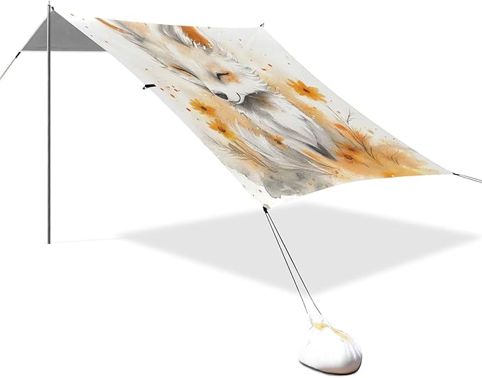 ALAZA Cute White Fox Beach Tent Sun Shelter UPF50+ Protection Beach Shade Canopy w/ 4 Sandbags for Outdoor Camping Fishing Backyard Fun Picnic 10x9 ft
