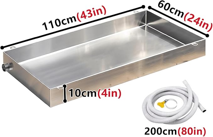 304 Stainless Steel AC Drain Pan with Flexible Hose 4 Leakproof Tray Welded Lugs Ideal for Air Conditioners Kitchens and Plants (110x60cm / 43x24in)