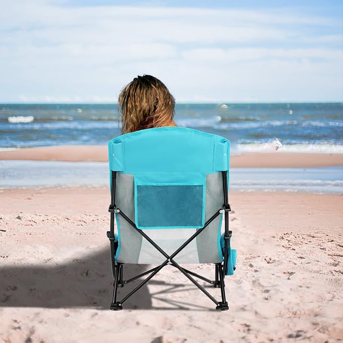 Oileus Folding Portable Beach Chair Lightweight High Back Low Seat for Tent &amp Shelter &amp Camping Full Mesh Back Cup Holder Storage/Carry Bag Armrest - 1 Pcs