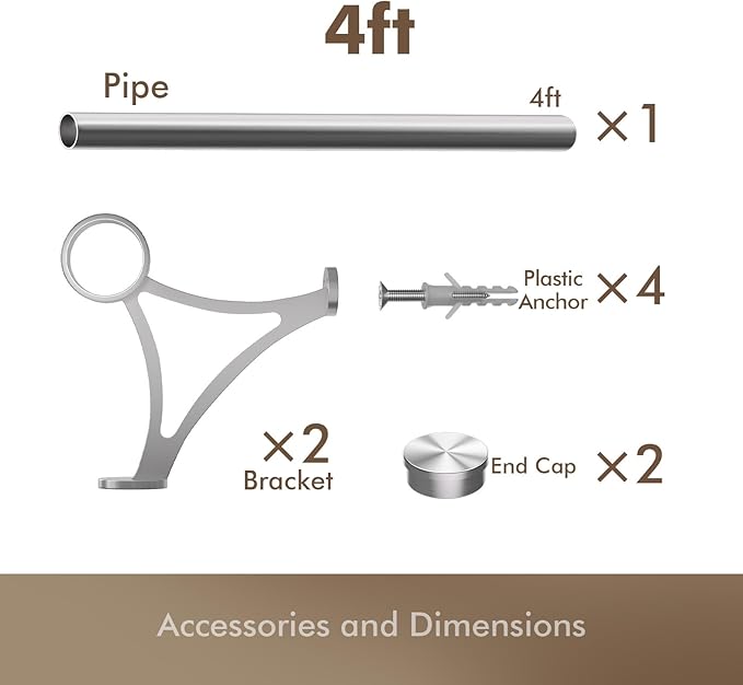 Bar Foot Rail Kit 4ft 304 Stainless Steel Satin Finish 2 O.D Tubing with Bracket Hardware Undercounter Foot Railing for Home Kitchen Restaurant Bar Counter