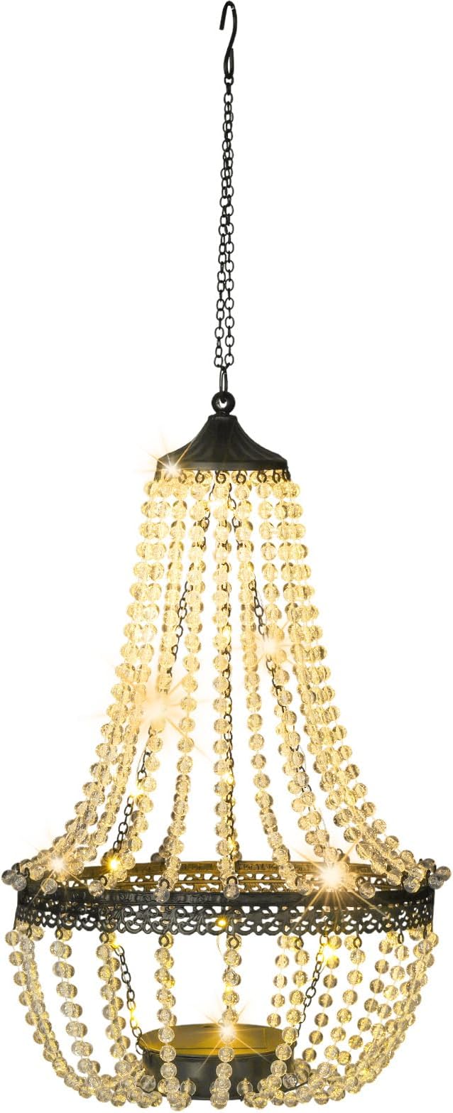 Hanging Solar Lantern Outdoor 28” Modern Clear Crystal Acrylic Chandelier with 30 Warm White Lights S Hook for Garden Yard Patio Gazebo Decorations