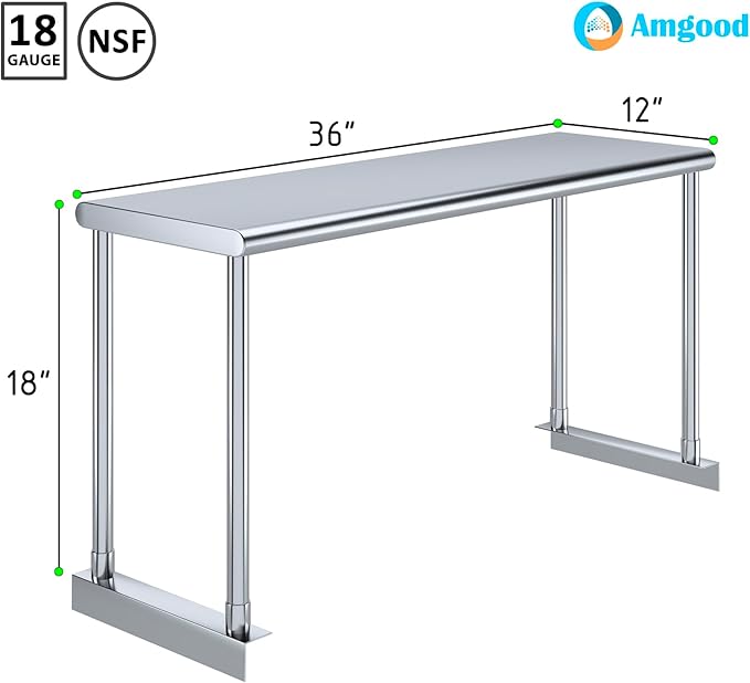 AmGood Stainless Steel Single Overshelf for 36 Long Prep Table. 12 Wide x 36 Long x 18 High