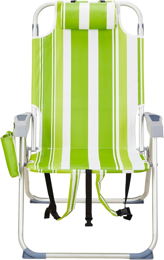 JHshop Reclining Backpack Beach Chair Folding Beach Chair for Adults Lightweight Beach Chair High Back Beach ChairsLightweight Folding Beach Camping Chairs Green Stripes 63 x 70 x 99cm