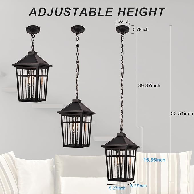 Darkaway Large Outdoor Pendant Light Fixture 16inch Outdoor Hanging Light Porch Lights Fixtures Anti-Rust Waterproof Aluminum with Seeded Glass for Porch Entryway Doorway Farmhouse (BlackLarge)