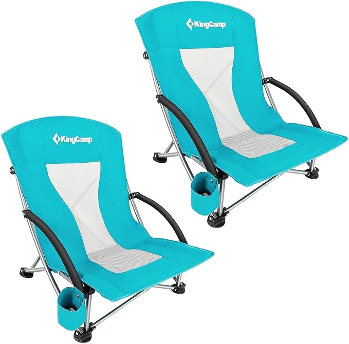 KingCamp Low Beach Chair High Back Folding Camping Chair for Adults Oversized Breathable Mesh Seat 300lbs Heavy Duty Portable Chair with Cup Holder &amp Storage Pockets for Beach Outdoor