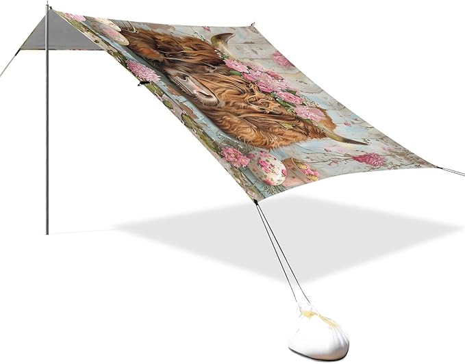 ALAZA Cow Bull Easter Eggs Beach Tent Sun Shelter UPF50+ Protection Beach Shade Canopy w/ 4 Sandbags for Outdoor Camping Fishing Backyard Fun Picnic 10x9 ft