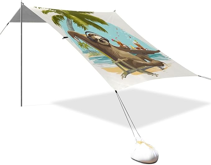 Bolaz Beach Canopy Tent Sun Shade9'×10.5' Large Family Beach Shade UPF50+- Outdoor Shade for Camping Trips FishingThe Sloth is Listening to Music