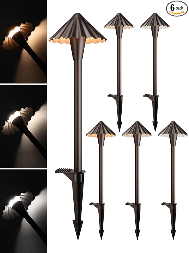 LEONLITE 3CCT Low Voltage Pathway Lights LED Landscape Path Lights 3000K/4000K/5000K Ruffles Head 12-24V AC/DC IP65 Outdoor Walkway Light Oil Rubbed Bronze Aluminum Pack of 6