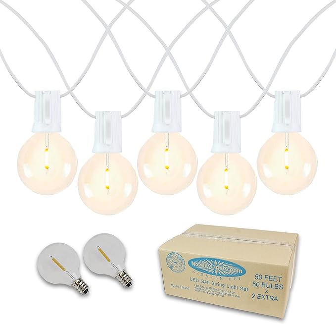 Novelty Lights 50 Feet G40 LED Patio String Light Set with 50 Bulbs Warm White Weather Resistant and Shatterproof Replaceable Plastic Globe Bulbs White Wire