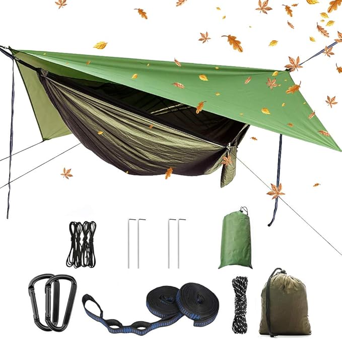 YCD Portable Camping Hammock SetSingle Double HammockInsect-Proof netRain Fly Tarphigh-Strength Parachute Cloth HammockBackpack Hiking Courtyard Outdoor Activities.