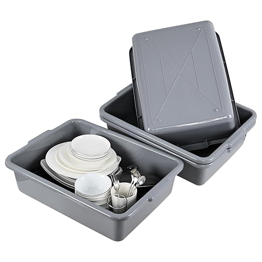 4 Pack Grey Commercial Bus Tubs 22 L Plastic Bus Box Rectangular Utility Bus Trays