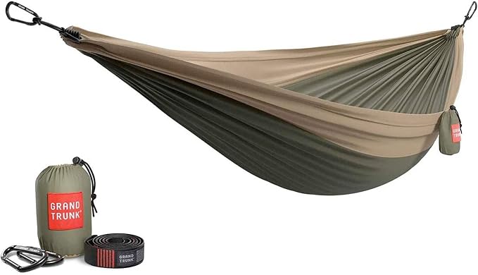 GRAND TRUNK TrunkTech Double Hammock | Ultra-Strong &amp Lightweight | 11 ft Hammock with Ripstop Nylon | 500 lb Capacity | Fast-Drying &amp Weather-Resistant | Olive Green/Khaki