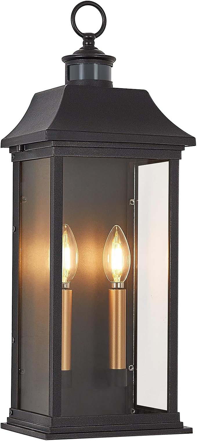 Dusk to Dawn Motion Sensor Outdoor Wall Lantern 2-Light21.1 Large Exterior Wall Sconce LightingModern Black Wall Light Fixture with Glass Waterproof Exterior Lamp for Patio House Porch Garage