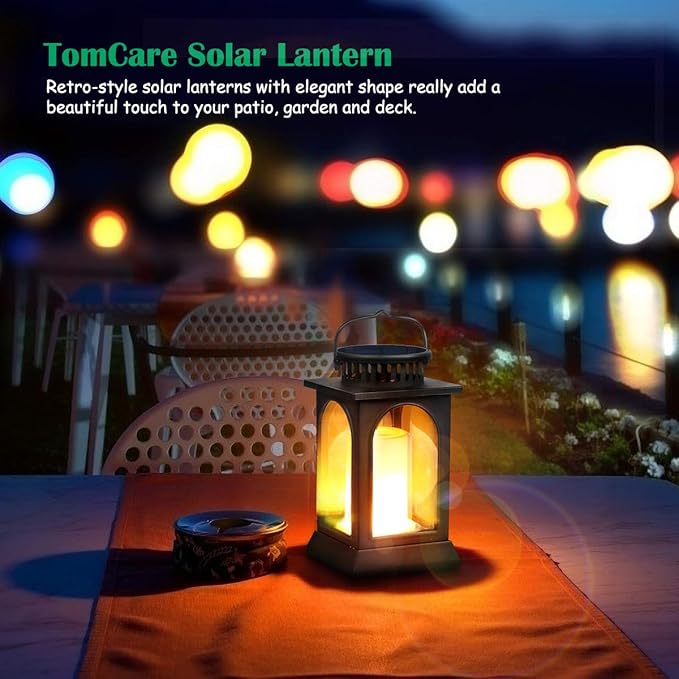 TomCare Solar Lights Flickering Flame Upgraded Metal Solar Lantern Outdoor Hanging Decorative Lanterns Heavy Duty Solar Powered Waterproof Outdoor Lighting for Patio Garden Deck Yard 2 Pack (Black)
