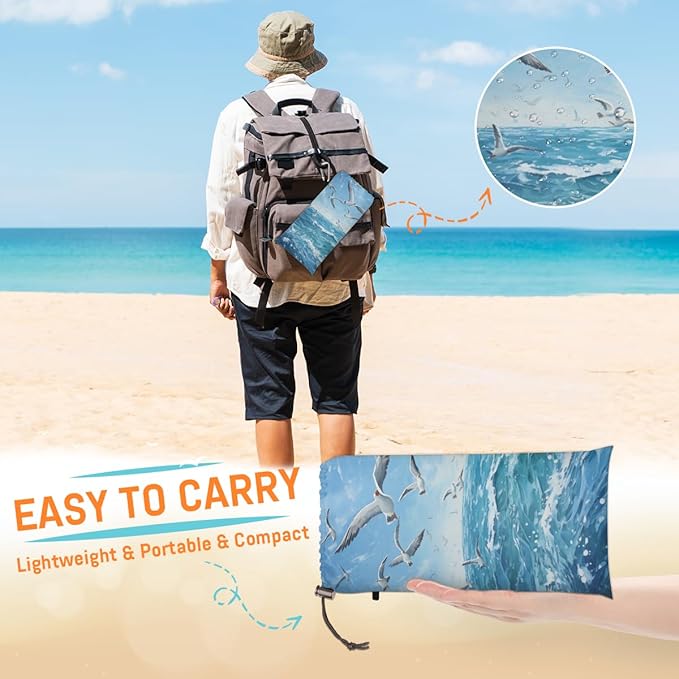 Waterproof Sandproof Beach Blanket 59''×68'' Oceans Polyester Outdoor Picnic Blanket with 4 Stakes &amp Storage Bag for BeachCampingVacation Birds