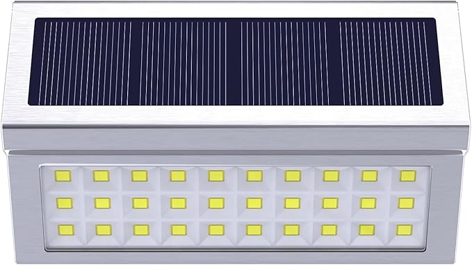 ROSHWEY Solar Lights Outdoor 10 Pack 30 LED Fence Lights Waterproof Solar Powered Deck Post Lamps Stainless Steel Outside Step Lighting for Backyard Yard Walkway Stairs Cool White Light