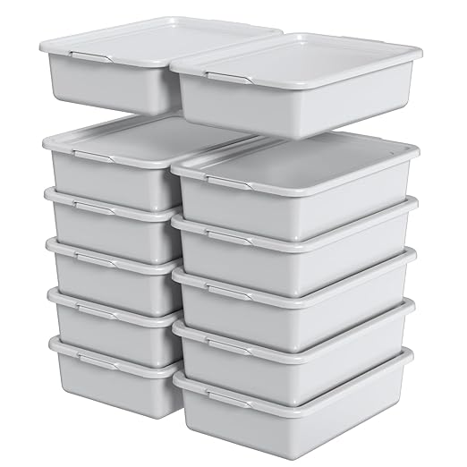 13 L Small Commercial Bus Tubs with Lids Plastic Bus Tub Tote Box with Lid Light Gray 12 Packs