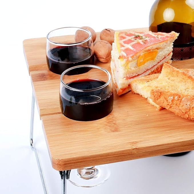 eBigValue Portable Bamboo Picnic Table with Wine Glass &amp Bottle Holder – Folding Snack Tray for 4 Outdoor Camping Beach Travel