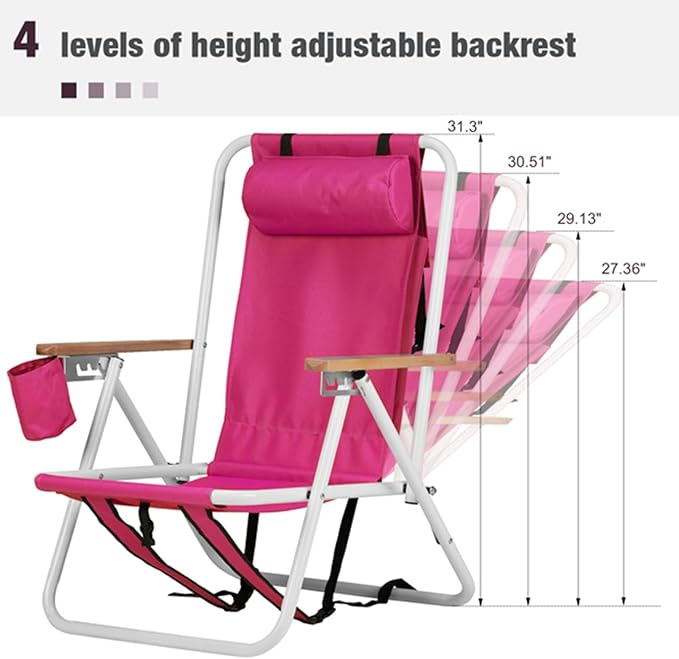 1Pcs Folding Beach Chair Set for Adults4 Position Portable Backpack Foldable Camping Chair with Headrest Cup Holder and Wooden ArmrestsAdjustable high Beach Lounge Chairs for Outdoor (1PcsRed)