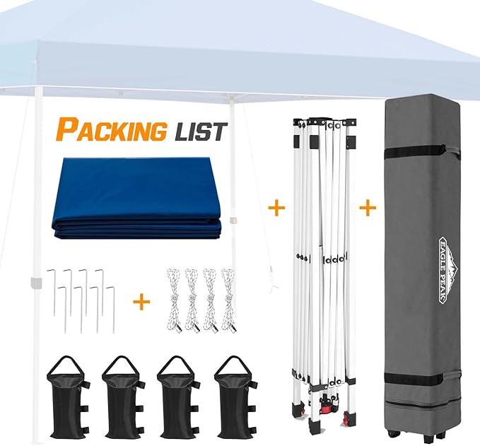 EAGLE PEAK Pop Up Canopy Tent with Wheeled Carry Bag 8 Stakes 4 Ropes 4 Weight Bags Easy Set Up Tent Canopy 10x10 ft 100sqft of Shade Dark Blue