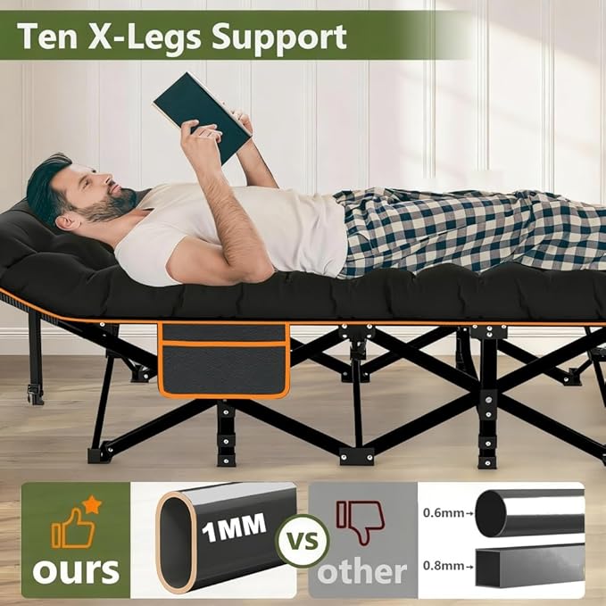 Comfortable and Soft Folding Bed Portable Camping cot with Side Pockets and Mattress Extra-Thick Oversized Folding Bed Weight Capacity of 500/600/700 lbs (Black 700lbs)