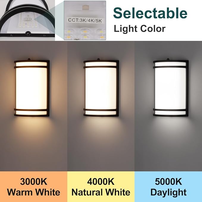 kadision Dusk to Dawn LED Wall Sconce 3000K/4000K/5000K 3-Color Adjustable 15W 1200lm 120V Half-Cylinder Outdoor Light Fixture Front Porch Light Aluminum Frame ETL Listed 1-Pack