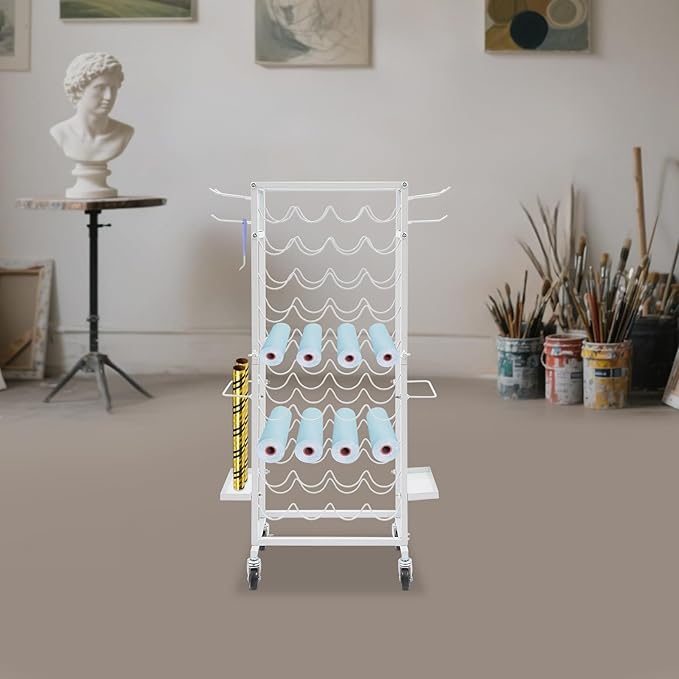 Mobile Vinyl Roll Holder Cart 40 Compartments Vinyl Storage Organizer with 6 Hooks &amp Extra Paper Roll Organizer Tray on 2 Side Vinyl Storage Rack with Wheels for Craft Room (White)