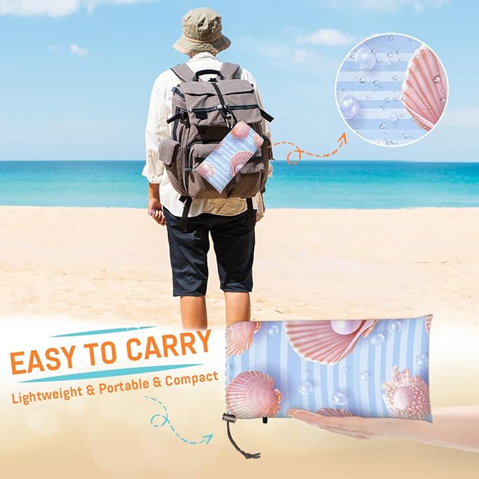 Waterproof Sandproof Beach Blanket 59''×68'' Pink Scallop Decoration Polyester Outdoor Picnic Blanket with 4 Stakes &amp Storage Bag for BeachCampingVacation