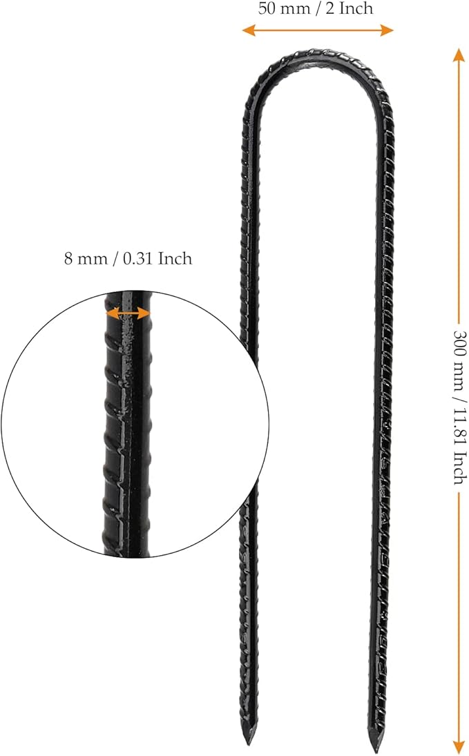 12 Pack 12 Inch U Shaped Rebar Stakes Black U Rebar Hook Heavy Duty Trampoline Wind Anchors Stakes for Camping Tents Soccer Net