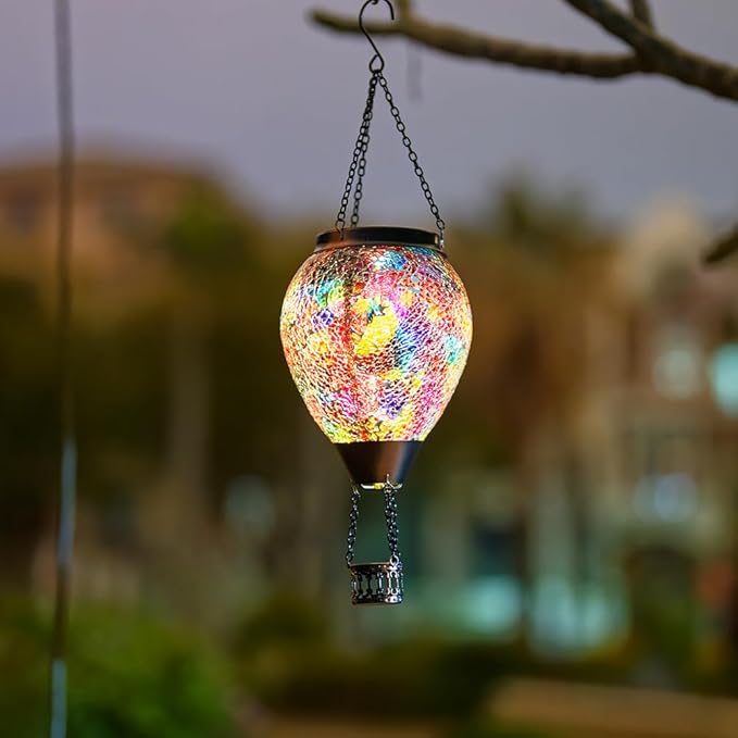 Mosica Hot Air Balloon Solar Lantern with Flame Glass Hanging Solars Lanterns Outdoor Waterproof Decorative Solar Light for Garden Yard Patio Decor