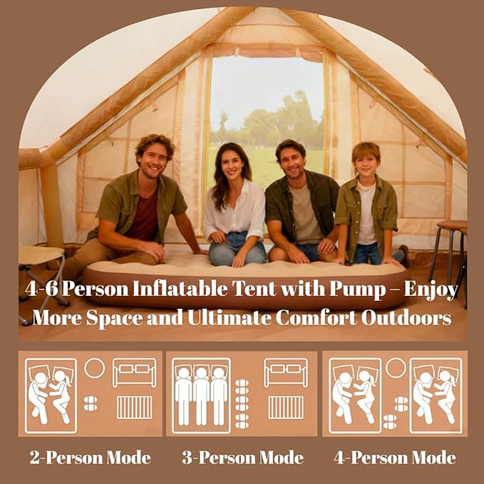 Easy Setup Inflatable Camping Tent Waterproof 4 Season Air Tent with Hand Pump Oxford Glamping Tent for 4/6/8 Adults