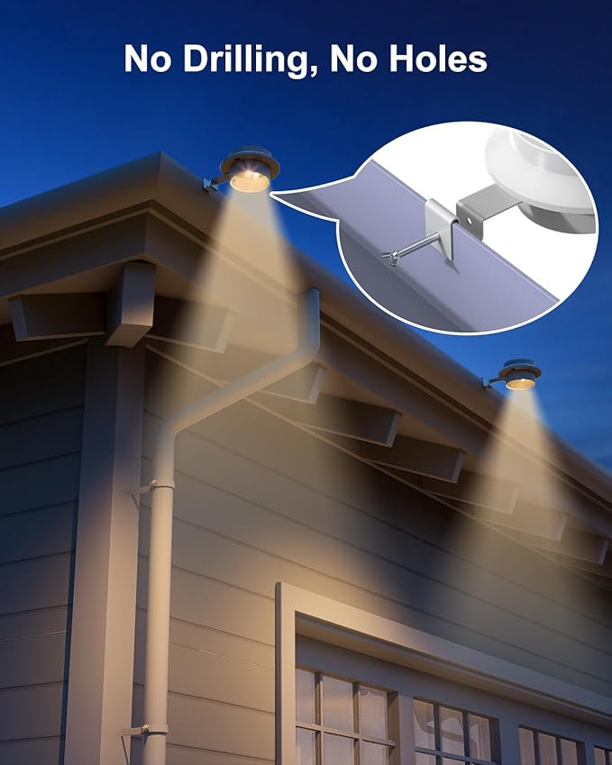 8 Pack White Solar Powered Clip On Gutter Mount Lights Outdoor Waterproof LED Fence Lamp for Lighting Rainspout Railing Outside House Wall Deck Porch Garage Easy Peasy Installation(Warm White)