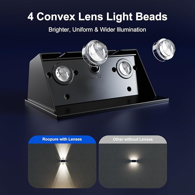 4 Pack Solar Powered Wall Lights for Outside Up and Down Fence Mount LED Outdoor Decorative Waterproof Lamps for Porch Deck Patio Yard Gate 4 Lenses Designed for Accent Lighting (Cool White)