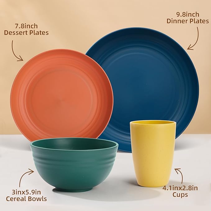 Wheat Straw Dinnerware Sets Unbreakable Plates and Bowls Sets for 8 Reusable Plastic Plates and Bowls 32Pcs Dishwasher Microwave Safe Plastic Dishes Kitchen RV Camping Outdoor
