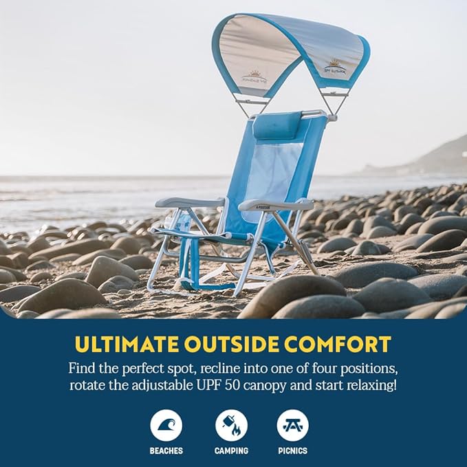 GCI Outdoor Sunshade Backpack Beach Chair | Reclining Folding Canopy Chair with Durable Armrests Drink Holder &amp Carry Straps Perfect for Beach Trips &amp Picnics — Saybrook Blue
