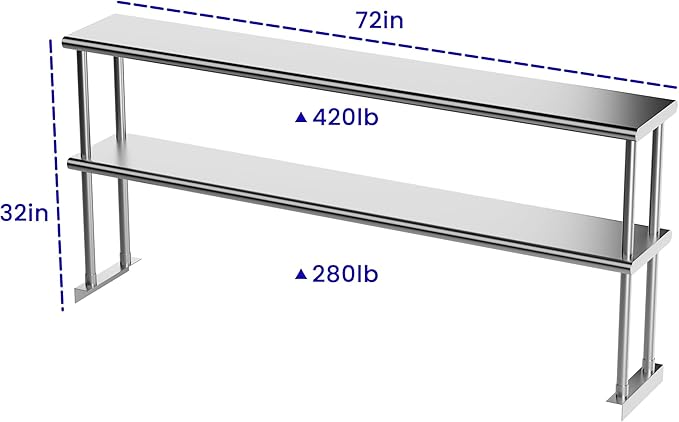 Double Overshelf of Stainless Steel 12'' x 72'' Commercial 2 Tier Shelf for Prep &amp Work Table in Restaurant Home and Kitchen (12x72)