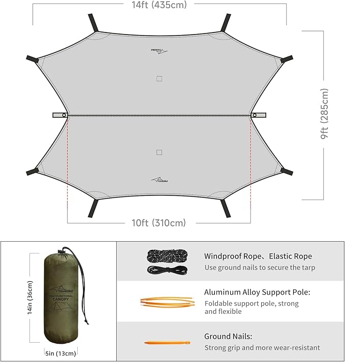 Ultralight Tarp 14ft Hammock Rain Fly Lightweight Waterproof Camping Tent Tarp with Doors Bushcraft Tarp Shelter for Backpacking Hiking Camping