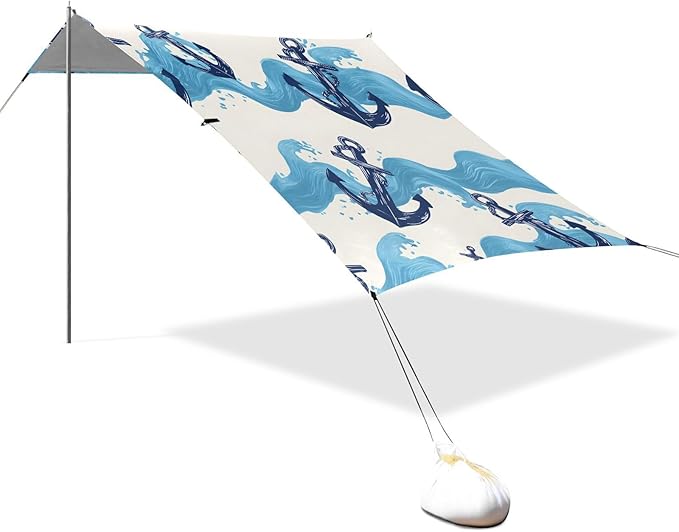 Bolaz Beach Canopy Tent Sun Shade9'×10.5' Large Family Beach Shade UPF50+- Outdoor Shade for Camping Trips FishingWave Boat Anchor Pattern