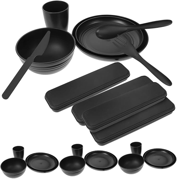Modern Black Camping Dishes Utensils Set Picnic Plates Bowl Cutlery Dinnerware