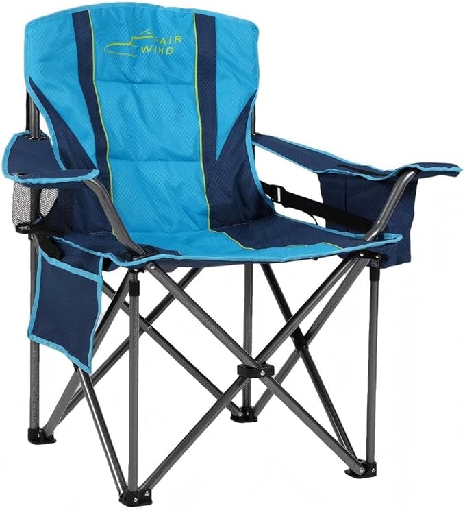FAIR WIND Heavy Duty Camping Chair Oversized Padded Folding Chair for Big and Tall (450lbs) Extra Wide Seat with Integrated Cooler &amp Storage Pocket Adjustable Lumbar Support for Outdoor
