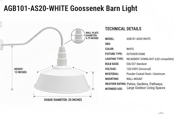AGB101-AS20-WHITE Gooseneck Barn Light - White Outdoor Dome with Incandescent Downlight | Wall-Mount Fixture for Patios Gardens Pathways and Large Outdoor Living Spaces