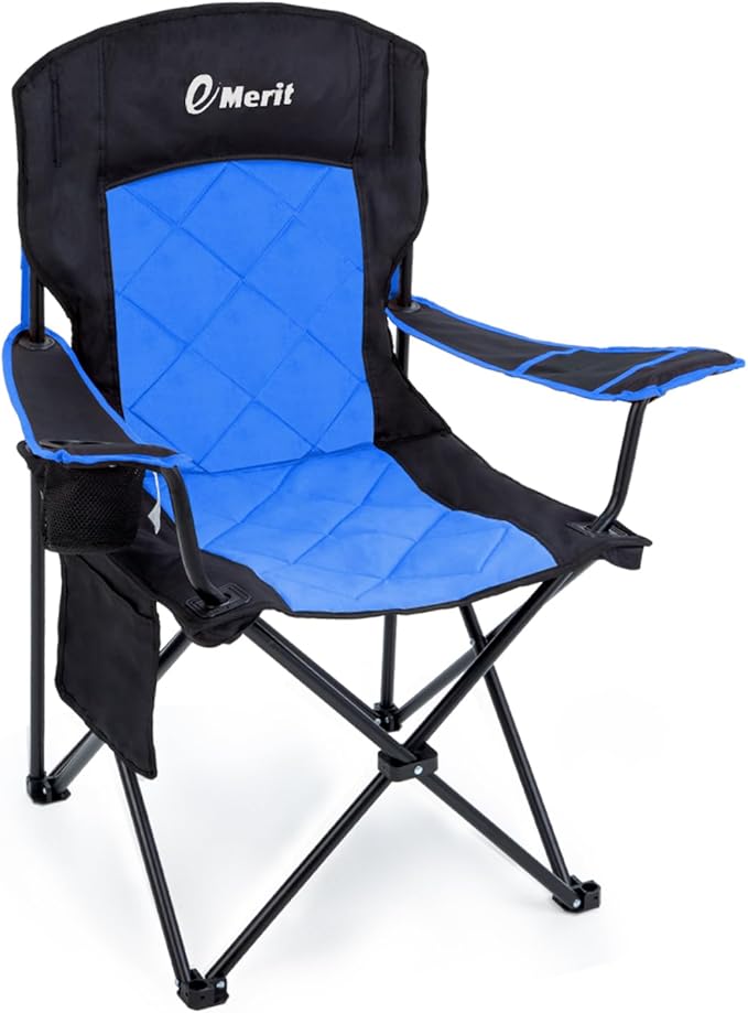 EMERIT Oversized Padded Camping Chair 350LB Heavy Duty Quad Fold Chair with Arms Collapsible Outdoor Chairs with Lumbar Back &amp Cup Holder