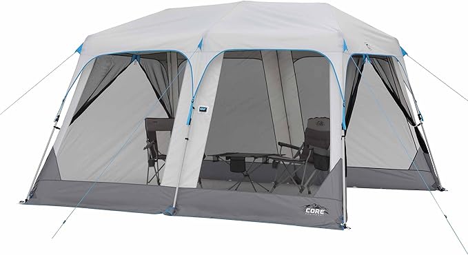CORE 12’x10' Lighted Instant Screen House | Folding and Portable Large Pop Up Canopy Shelter with LED Lights | Perfect for Family Camping Outdoor Picnic Backyards BBQ Tailgate Patio and Party