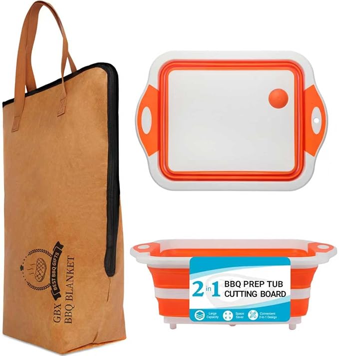 Collapsible BBQ Prep Tub &amp BBQ Resting Bag - Multi-Function Foldable Cutting Board BPA Free Portable Silicone Dish Bowl Leak Free Drain Hole for Meal Prep Marinating Food Storage(Orange)