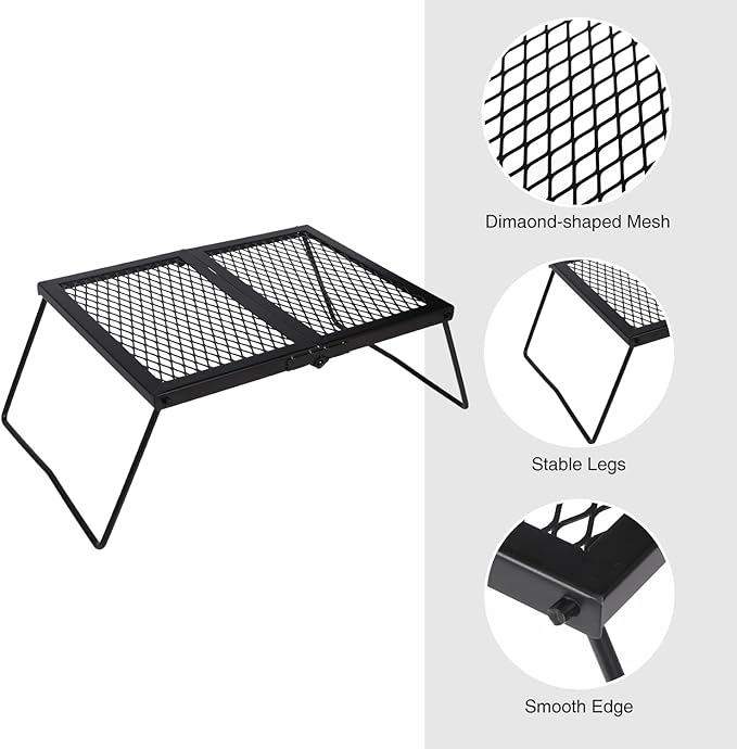 REDCAMP Folding Campfire Grill Heavy Duty Steel Grate Portable Camp Fire Cooking Rack Over Fire Pit with Carrying Bag for Outdoor BBQ Camping