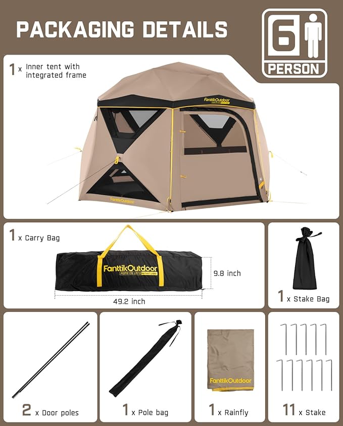 FanttikOutdoor Alpha C6 Ultra Instant Cabin Tent 6 Person Pop Up Camping Tent Setup in 60 Seconds Portable with Rainfly &amp Windproof for Outdoor Camping &amp Overlanding Khaki