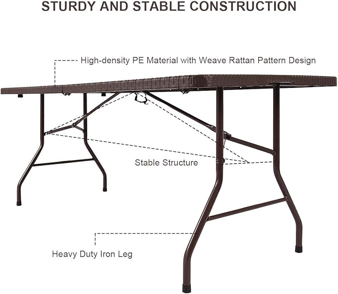 Tangkula 6Ft Rattan Folding Table Indoor Outdoor Portable Foldable Table with 1.8 Inch Umbrella Hole Heavy Duty Metal Frame Carrying Handle for Camping Picnic Backyard BBQ