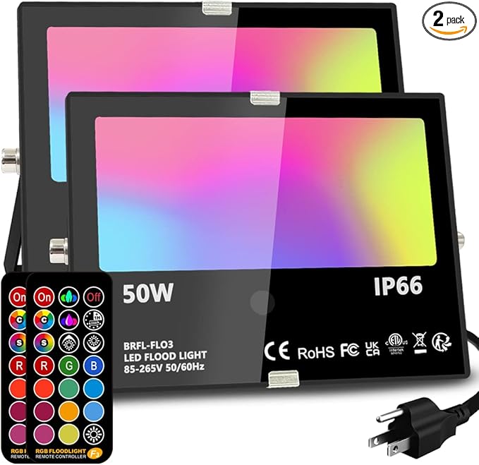 MELPO Led Flood Light Outdoor 50W RGB Color Changing Landscape Lighting with Remote Timing - 12 Colors - 4 Modes IP66 Waterproof US 3-Plug (Pack of 2)